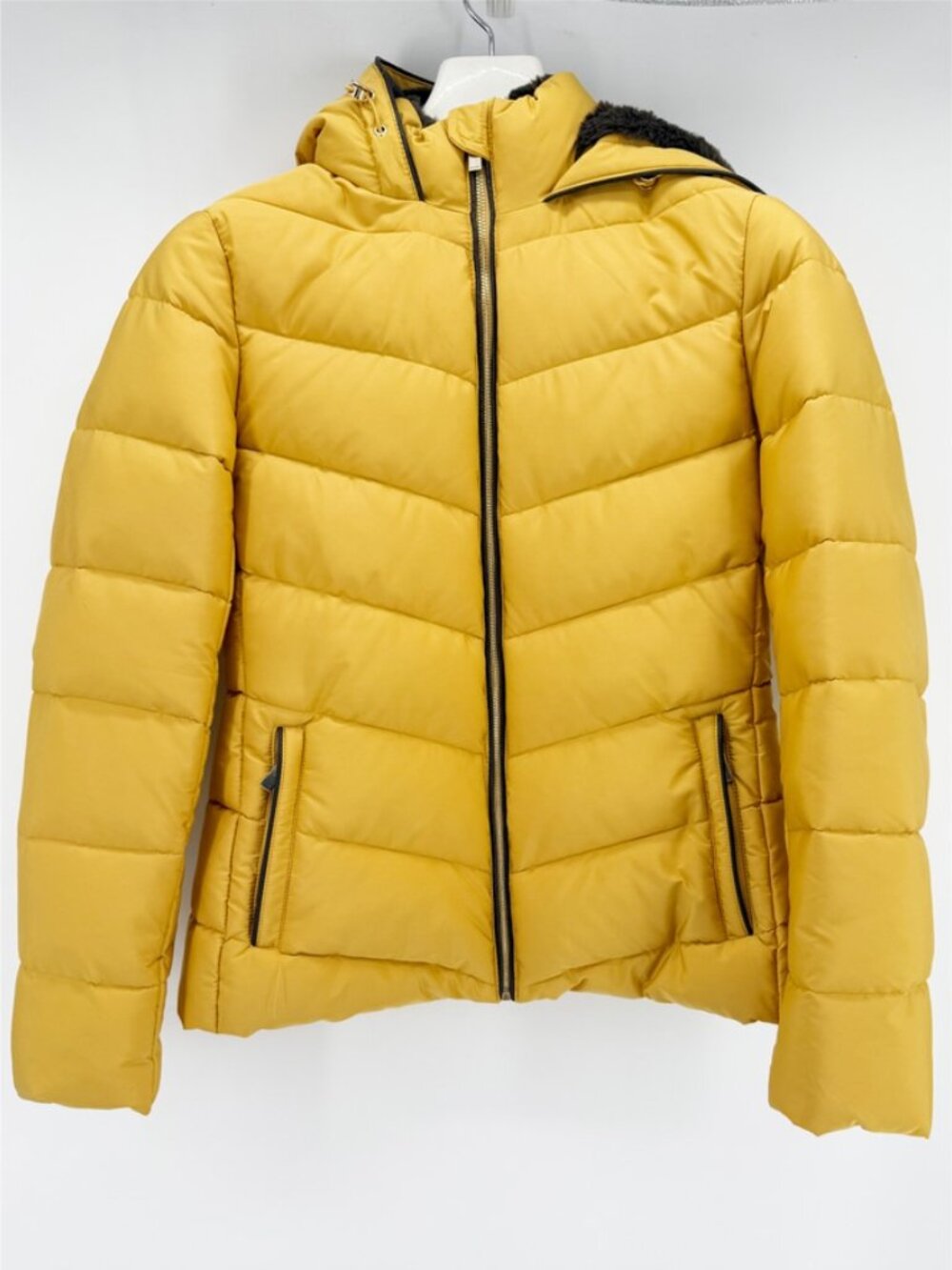 ZARA Down Puffer Padded fur collar anorak Jacket Coat Size: M in Yellow Mustard - Picture 2 of 12